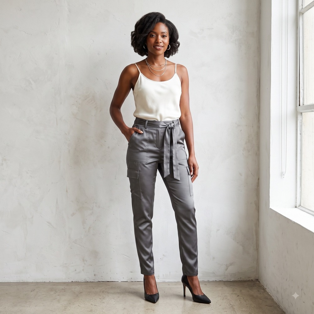 The Tapered Ankle Grey Satin Cargo Pants High Rise Belted Trousers Womens 6